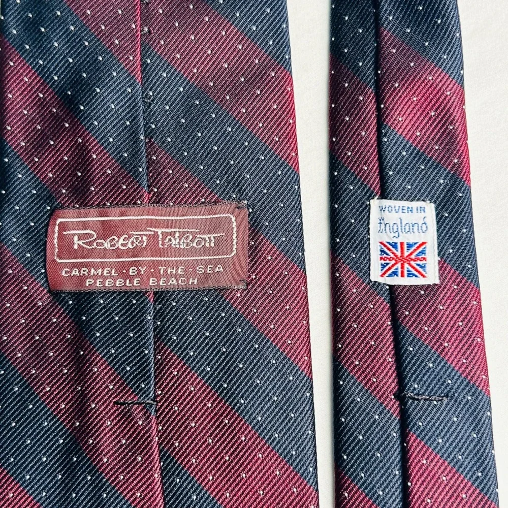 Robert Talbott Necktie Mens Burgundy Navy Striped Silk Woven in England 3